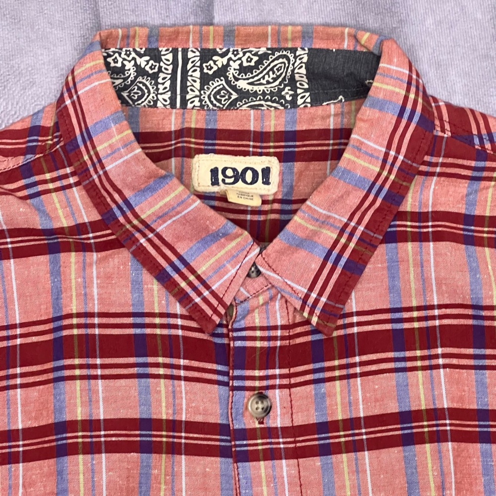 1901 Button Down Shirt Mens M Red Plaid Excellent Contrast Cuff Paisley Trim
